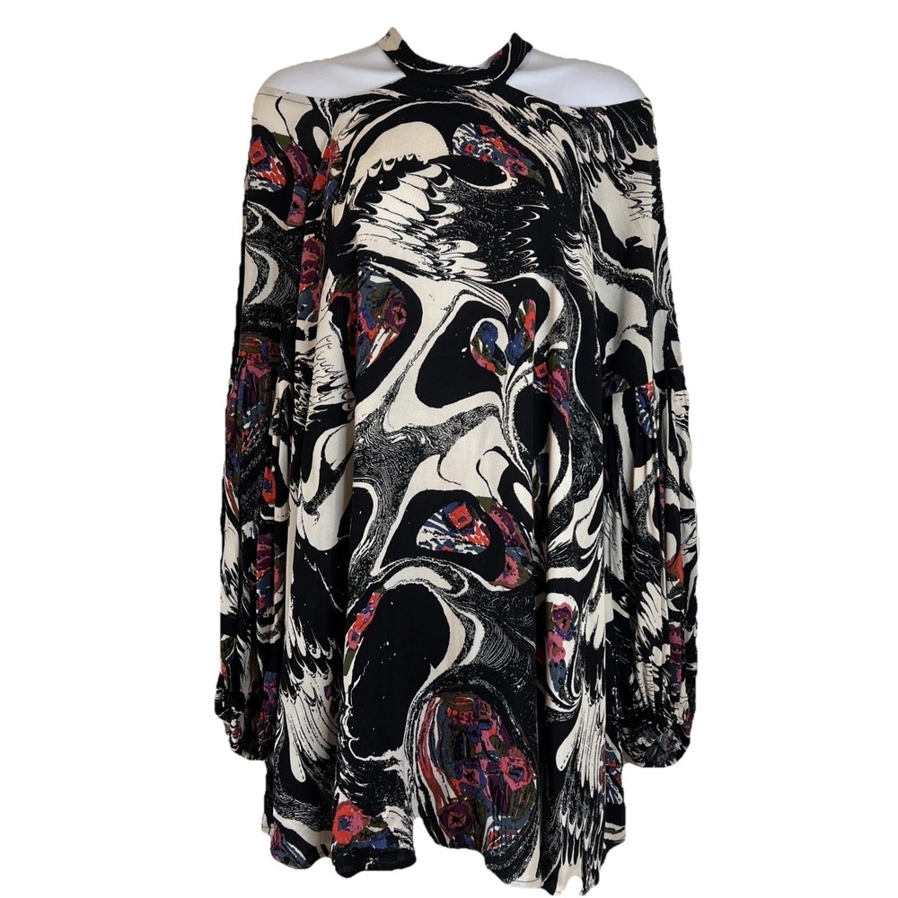 Free People Drift Away Cold Shoulder Black Multi‎ Tunic Dress Women's Size S